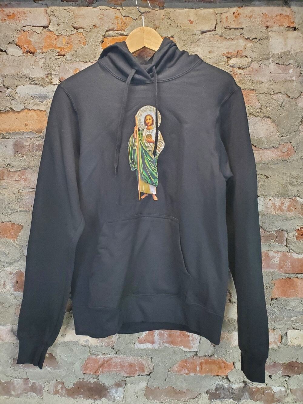 Sweatshirt Hoodie Mens Sz S Black Graphic Print Saint Jude Religious Pullover